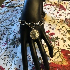 ✨ Stamped Upcycled Charm Bracelet – Silver Link Chain Double-Sided Medallion ✨